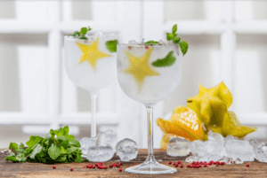 Taça de Gin com gin tônica e toque especial de hortelã e carambola
